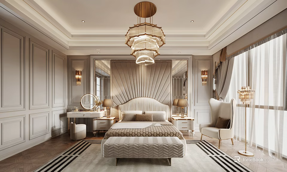 Luxurious Bedroom Interior With Scalloped Headboard Crystal Chandelier And Symmetric Wall Lamps 3d model 