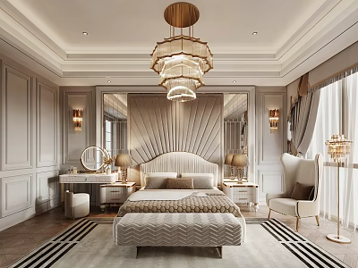 Luxurious Bedroom Interior With Scalloped Headboard Crystal Chandelier And Symmetric Wall Lamps 3d model