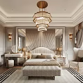 Luxurious Bedroom Interior With Scalloped Headboard Crystal Chandelier And Symmetric Wall Lamps