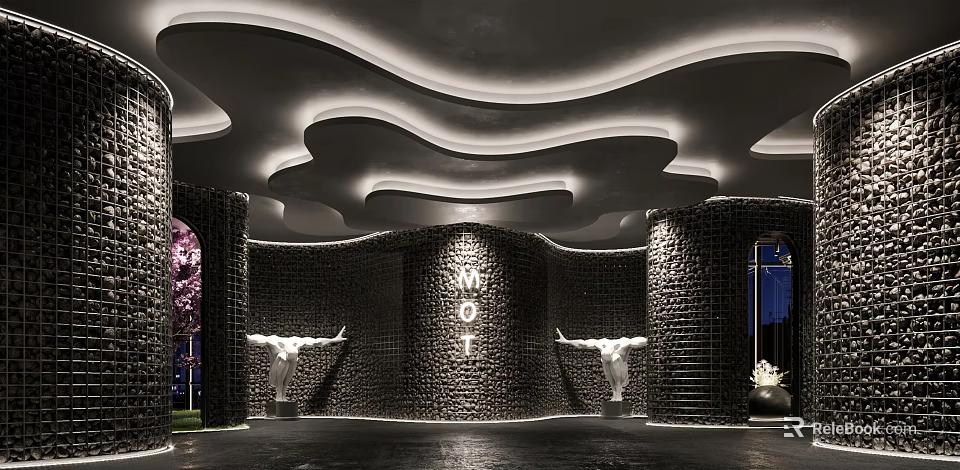 MOII Bar Interior With Black Brick Walls White Sculptures And Wavy Ceiling 3d model 