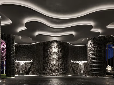 MOII Bar Interior With Black Brick Walls White Sculptures And Wavy Ceiling 3d model