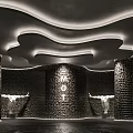 MOII Bar Interior With Black Brick Walls White Sculptures And Wavy Ceiling