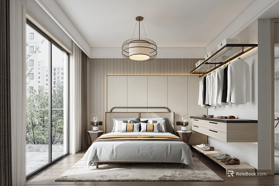 Modern Bright Bedroom Interior With Padded Headboard Wall Pendant Light And Clothing Rack 3d model 