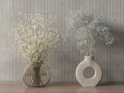 Transparent Glass White Hollow Out Vases With White Light Blue Small Flowers On Wooden Table 3d model