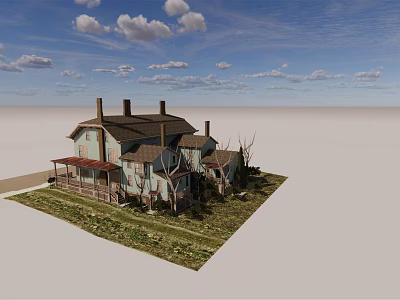 Rundown Old House With Multiple Chimneys Overgrown Weeds And Blue Sky White Clouds 3d model