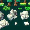 Wooden and Stone Elements with Various Trees Shrubs Rocks and Natural Shapes