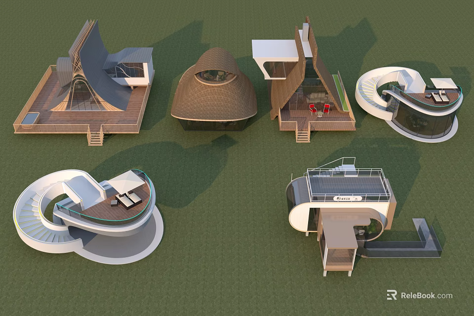 Modern Unique Architectural Concept Models Featuring Various Geometric Shapes And Wooden Elements 3d model