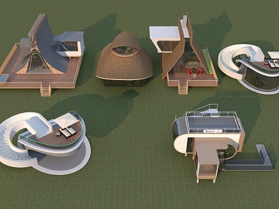 Modern Unique Architectural Concept Models Featuring Various Geometric Shapes And Wooden Elements 3d model