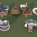 Modern Unique Architectural Concept Models Featuring Various Geometric Shapes And Wooden Elements 3d model