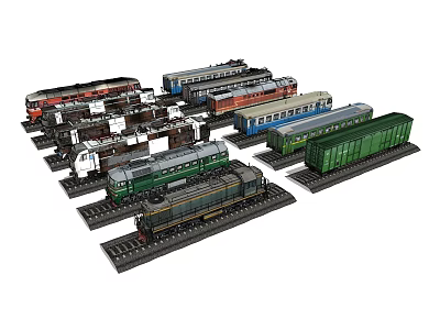 Lego Train Models With Various Colored Locomotives And Railway Tracks 3d model