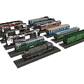 Lego Train Models With Various Colored Locomotives And Railway Tracks
