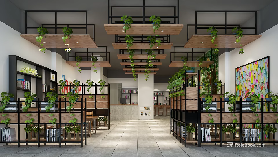 Modern Bubble Tea Shop Interior Design With Hanging Green Plants Wooden Decor And Open Space 3d model 