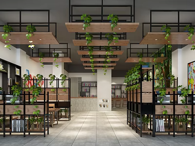 Modern Bubble Tea Shop Interior Design With Hanging Green Plants Wooden Decor And Open Space 3d model