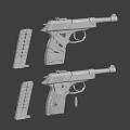 Different Types of Handguns With Blue Wooden Grips Magazines Bullets and Disassembled Parts