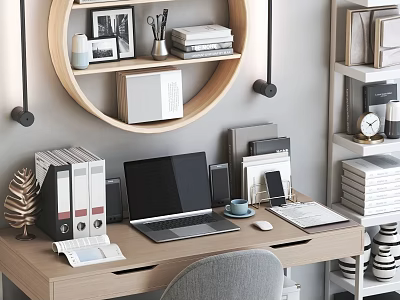 Modern Home Office Desk With Laptop Binders Documents And Circular Wall Shelf 3d model