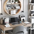 Modern Home Office Desk With Laptop Binders Documents And Circular Wall Shelf