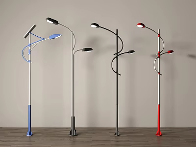 Stylish Outdoor Lights With Curved Arms Solar Panels And Colorful Lamp Posts 3d model