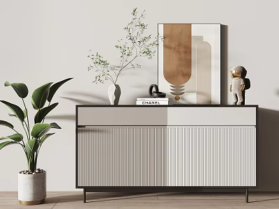 Modern Striped Console Table with Green Plants Vase CHANEL Book and Decorative Art 3d model