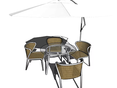 Outdoor Round Glass Table With Wicker Chairs And White Umbrella Set 3d model