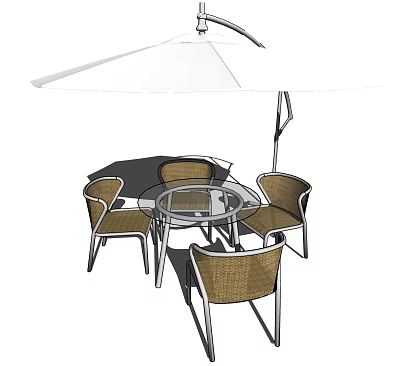 Outdoor Round Glass Table With Wicker Chairs And White Umbrella Set 3d model