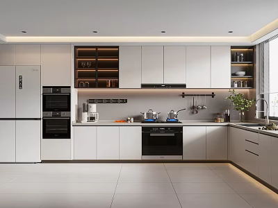 Modern Kitchen Interior Design With White Cabinets Countertop Double Door Refrigerator Oven And Window Plant 3d model