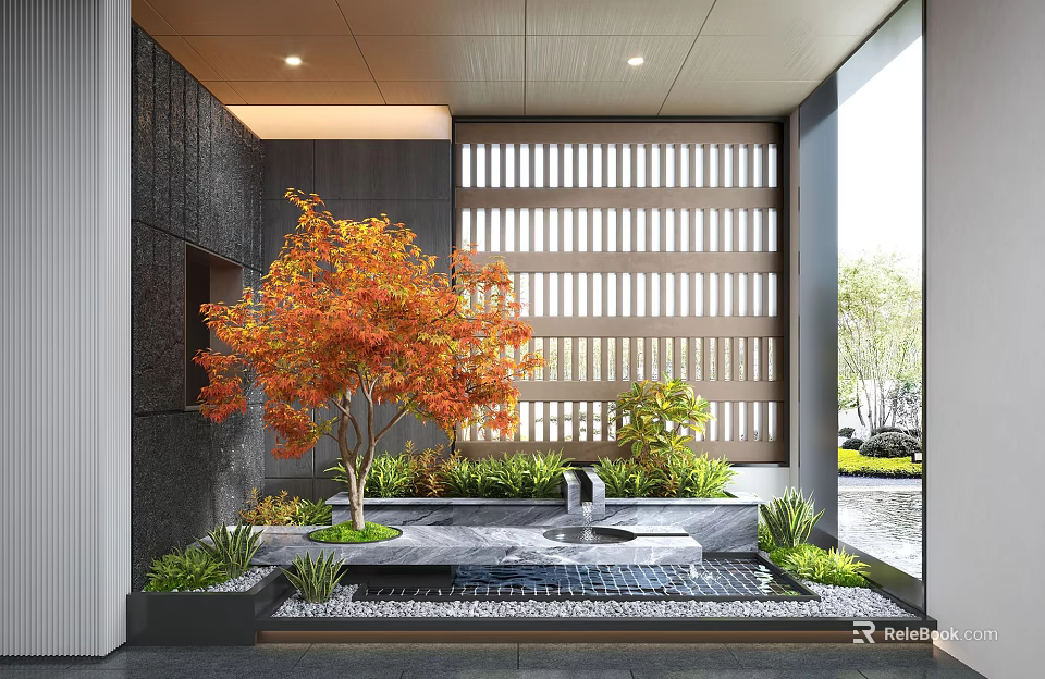 Modern Courtyard Garden Feature With Red Maple Tree Fountain Lattice Wall And Green Plants 3d model 