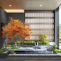 Modern Courtyard Garden Feature With Red Maple Tree Fountain Lattice Wall And Green Plants