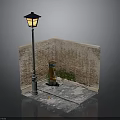 Urban Street Corner Scene With Brick Wall Street Lamp Trash Can Weeds And Stone Pavement