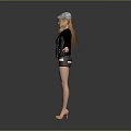 Woman In Black Jacket Dark Shorts Gray Cap With Long Blonde Hair Arms Outstretched
