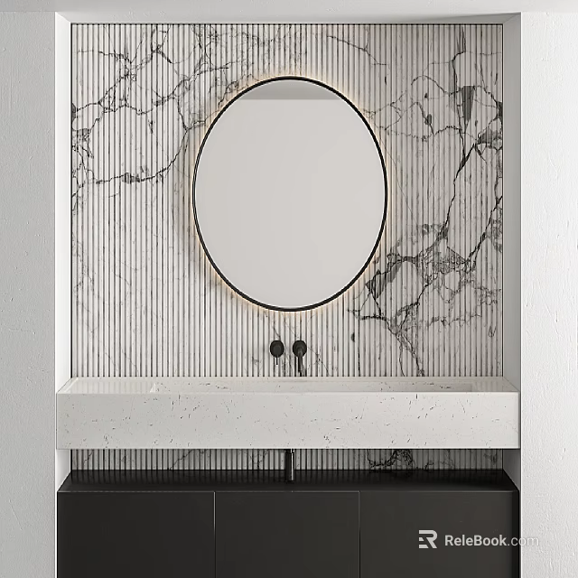 Modern Bathroom Vanity with Round Mirror Marble and Striped Background Design 3d model