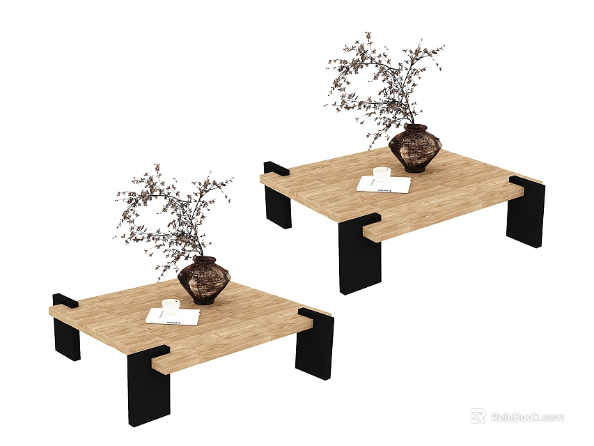 Modern Round Coffee Tables with Wooden Tops Black Legs and Decorative Branches Vases 3d model 