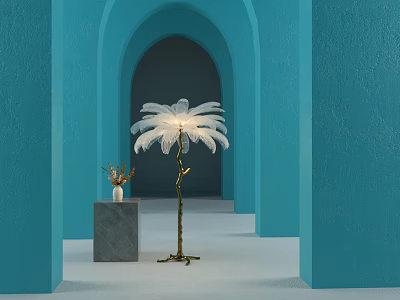 Elegant Feather Shaped Floor Lamp With Gold Base In Blue Arched Wall Space 3d model