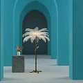 Elegant Feather Shaped Floor Lamp With Gold Base In Blue Arched Wall Space