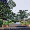 Modern Garden Landscape Design With Trees Shrubs Lawn And Building Steps