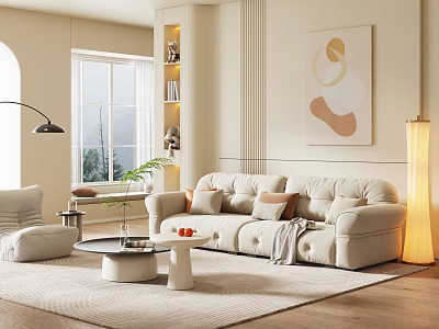 Modern Living Room Interior With Beige Sofa Pillows Area Rug Floor Lamp And Abstract Painting 3d model