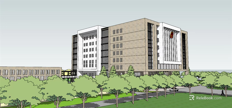 Modern Office Building With Brown And White Exterior Multiple Windows Surrounded By Trees And Lawn 3d model 