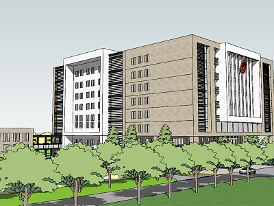Modern Office Building With Brown And White Exterior Multiple Windows Surrounded By Trees And Lawn 3d model
