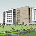 Modern Office Building With Brown And White Exterior Multiple Windows Surrounded By Trees And Lawn