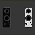 Modern Black And White Electronic Speakers With Gold Trim And Compact Design