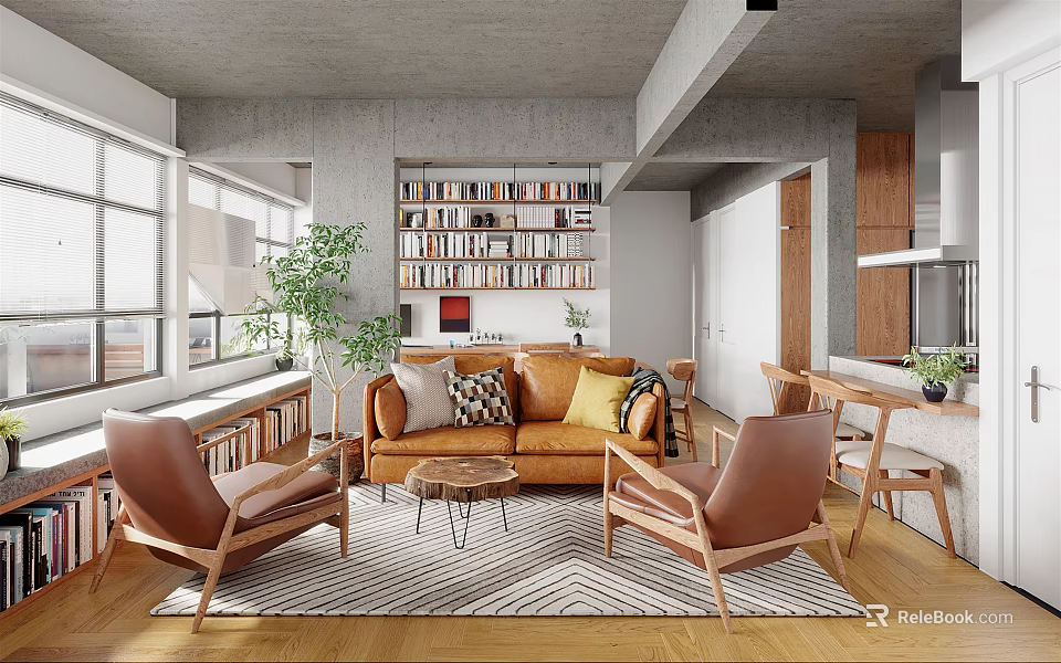 Modern Living Dining Room Interior With Brown Sofa Throw Pillows Armchairs Coffee Table Bookshelf Plant 3d model 