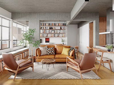 Modern Living Dining Room Interior With Brown Sofa Throw Pillows Armchairs Coffee Table Bookshelf Plant 3d model