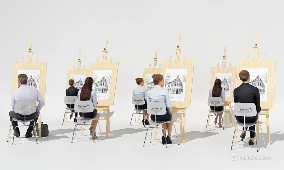 Group of People Sitting at Easels Drawing Architectural Art on Boards 3d model 