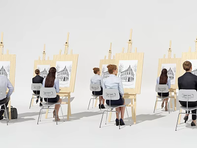 Group of People Sitting at Easels Drawing Architectural Art on Boards 3d model