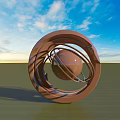 Modern Abstract Sculpture With Brown Spiral And Central Sphere Against Blue Sky And Green Ground