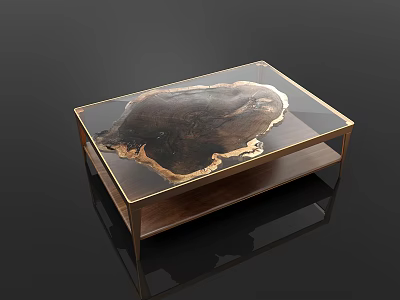 Elegant Coffee Table With Glass Top And Brass Frame Featuring Natural Wood Slice Design 3d model