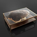 Elegant Coffee Table With Glass Top And Brass Frame Featuring Natural Wood Slice Design