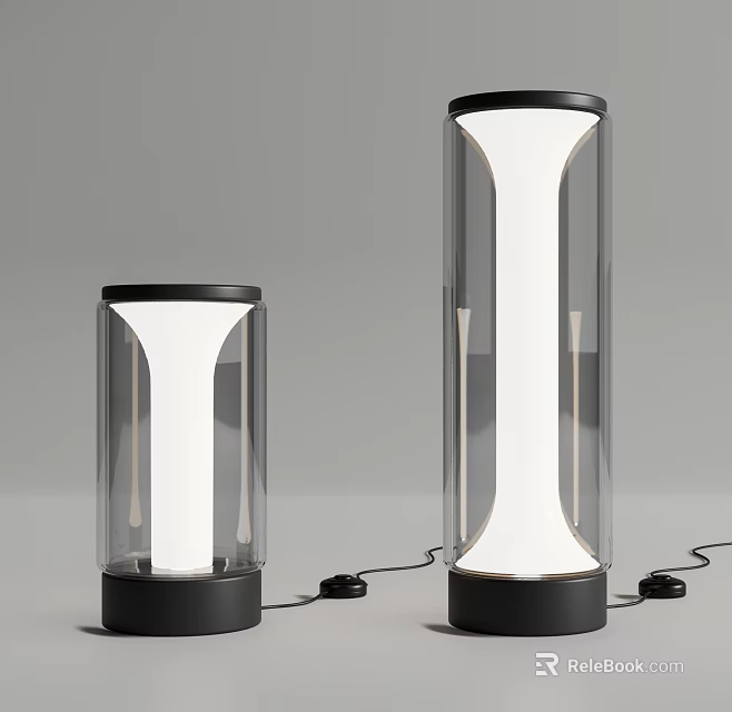 Modern Two Different Sizes Transparent Cylindrical Table Lamps With Black Base And Illuminated Glass Shade 3d model 