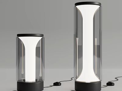 Modern Two Different Sizes Transparent Cylindrical Table Lamps With Black Base And Illuminated Glass Shade 3d model