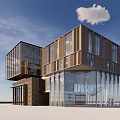 Modern Commercial Complex Architecture With Glass Curtain Walls And Wooden Elements