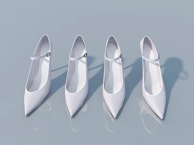 White Pointed Toe High Heels With Ankle Straps On Gray Background With Reflection 3d model